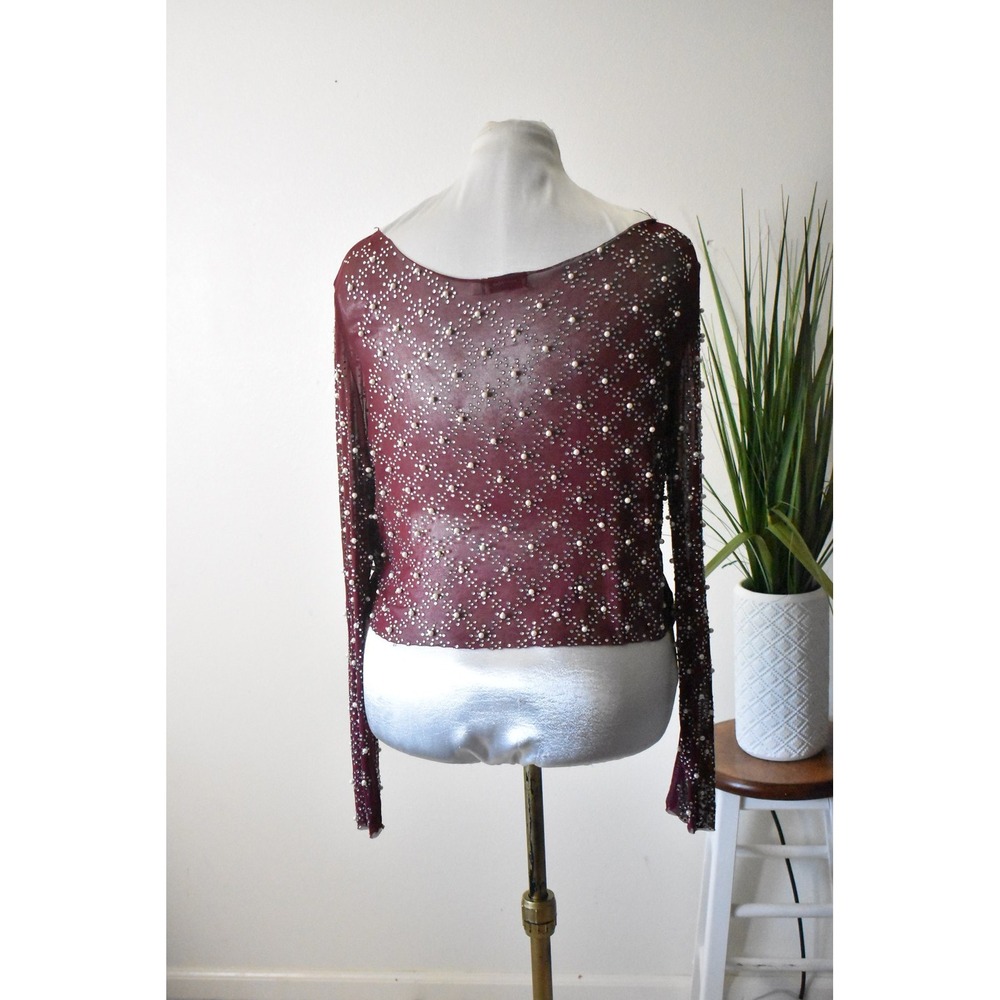 Faded Rose Mesh Top Women Large Burgundy Modern Pearl Rhinestone Embellished M8 - Picture 6 of 10